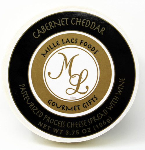 ML43200 3.75oz Mille Lacs Cabernet Cheddar Wine Cheese Spread in wooden hoop, shelf stable cheese.