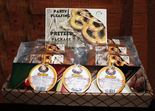 Gift  670 Rustic Wraps Party Pleasing Pretzel Package
6- 6oz Lightly Salted Soft Pretzels
1-3.75oz Mediterranean Vegetable Cheese Spread
3- 2oz Tasty Cow Cheddar Cheese Cups
1-3.75oz Chipotle Gouda Cheese Spread
1-3.75oz Asiago Garlic Cheese Spread
1-3.75oz Smoked Gouda Cheese Spread
This Party Pleasing Pretzel Package (say that 3 times fast : )  
Send this Pretzel Party to that special family or friends or take it along on that camping trip or tail gate Party and you will be a HIT.  
All Pretzels and Cheese Cups are shelf stable So need to refrigerate.