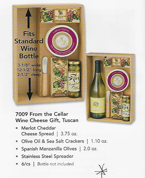 ML7009 Mille Lacs From The Cellar Wine and Cheese Gift TUSCAN DESIGN
*  Mille Lacs Merlot Cheddar Cheese Spread  |  3.75 oz
*  Mille Lacs Olive Oil & Sea Salt Crackers  |  1.10 oz 
* Mille Lacs Spanish Manzanilla Olives  |  2.0 oz 
* Stainless Steel Spreader 

Wine Bottle Not Included