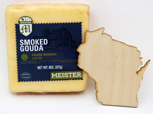 2202 8oz Smoked Gouda Square Meister Cheese, Naturally Smoked Gouda Cheese, Naturally Lactose Free, 100% Natural, Gluten Free, vegetarian.  Cows First™ is an innovative animal welfare program developed by Meister Cheese that encourages the fair treatment of cows in the dairy industry. Farms that are Cows First-certified produce milk of the highest quality in a sustainable manner. Meister Cheese pays premium prices to these dairy farmers, who follow Cows First™ animal welfare standards.  Meister Cheese and our customers proudly display the Cows First™ logo on all cheeses made with milk from certified farms. When shoppers see this mark, they can feel good about their purchase.