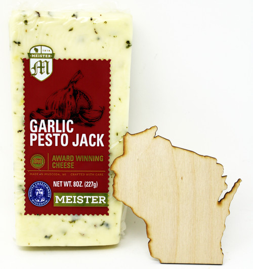 2203 6oz Garlic Pesto Jack Bar Meister Cheese, This semi-soft cheese with the perfect balance of garlic and basil is great on your favorite cracker or topping a pizza, Naturally Lactose Free, 100% Natural, Gluten Free, vegetarian.  Cows First™ is an innovative animal welfare program developed by Meister Cheese that encourages the fair treatment of cows in the dairy industry. Farms that are Cows First-certified produce milk of the highest quality in a sustainable manner. Meister Cheese pays premium prices to these dairy farmers, who follow Cows First™ animal welfare standards.  Meister Cheese and our customers proudly display the Cows First™ logo on all cheeses made with milk from certified farms. When shoppers see this mark, they can feel good about their purchase.