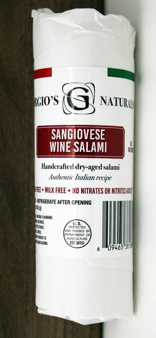 6308 Butcher Wrap Pork Sangiovese Wine Salami All Natural, Handcrafted dry-aged Salami.  Mild with delicate wine notes and a touch of black pepper.  No artificial ingredients, Minimally Processed.  Ready to Eat, Refrigerate after opening.  Gluten Free, No MSG, Milk Free, No Nitrate or added Nitrate, Raised without Hormones or Antibiotics.