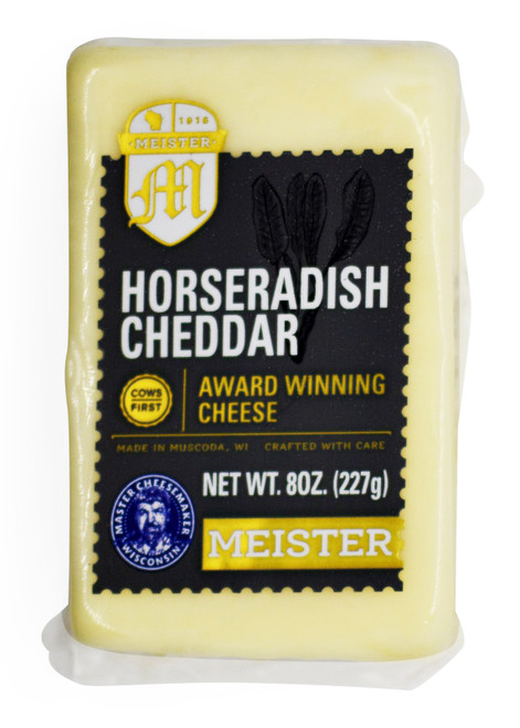 2209 8oz Horseradish Cheddar Meister Cheese A semi-hard Cheddar with the bite of horseradish root. A true Wisconsin favorite.  Naturally Lactose Free, 100% Natural, Gluten Free, vegetarian.  Cows First™ is an innovative animal welfare program developed by Meister Cheese that encourages the fair treatment of cows in the dairy industry. Farms that are Cows First-certified produce milk of the highest quality in a sustainable manner. Meister Cheese pays premium prices to these dairy farmers, who follow Cows First™ animal welfare standards.  Meister Cheese and our customers proudly display the Cows First™ logo on all cheeses made with milk from certified farms. When shoppers see this mark, they can feel good about their purchase.  Best By Date: 8/26/2022