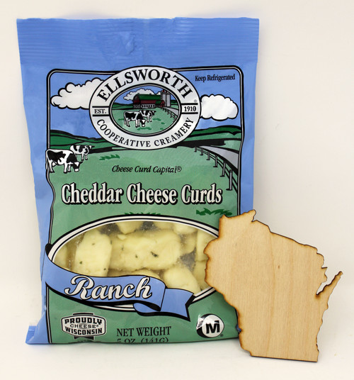 7713 5oz Ellsworth Cooperative Ranch Cheese Curds, 100% all natural premium cheddar cheese curds with a mild and tangy ranch seasoning. Direct from the Cheese Curd Capital of Wisconsin. Made from farm certified rBST free milk. Grab and go packaging is convenient, making for the perfect healthy, high protein, low carb and gluten-free snack. Because of our unique proprietary process, Ellsworth Cheddar Cheese Curds retain more of their milky farm-fresh squeak and taste and set the standard for freshness and flavor. 2022 World Championship Cheese Contest, top ten finisher in class