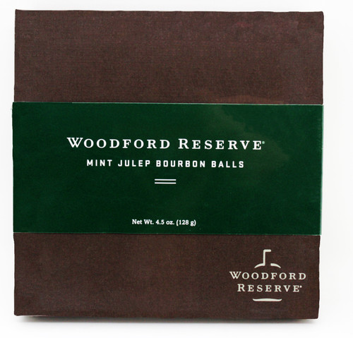 RH007 Woodford Reserve 9 piece Mint Julep Bourbon Balls, 4.5oz. Those who enjoy mint flavored chocolates will love Mint Julep Bourbon Balls. Warm and minty, this cousin to the Woodford Reserve® Bourbon Balls starts with the same delicious fondant, adds some natural mint flavor, is enrobed in our rich dark chocolate and drizzled with white chocolate stripes. A favorite at Derby time and all year long!