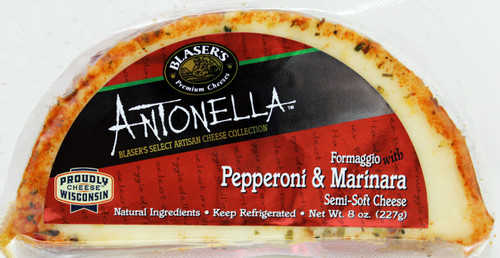 7716 8oz Antonella Pepperoni with Marinara Cheese, Antonella hand-crafted cheeses from Wisconsin. The Antonella line is a selection of pressed curd, semi-soft cheeses made with cow’s milk. Natural ingredients are used to create innovative flavor profiles. Each cheese is infused with a natural ingredient, aged and then hand rolled in a spice, lending both a sophisticated taste and beautiful appearance. These small batch cheeses have a creamy texture and, depending on age, range from a mild to a slightly sharp profile, www.weshipcheese.com, www.weshipcheese.net, www.weshipwisconsincheese.com