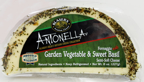 7717 8oz Antonella Garden Vegetable with Sweet Basil Cheese, Antonella hand-crafted cheeses from Wisconsin. The Antonella line is a selection of pressed curd, semi-soft cheeses made with cow’s milk. Natural ingredients are used to create innovative flavor profiles. Each cheese is infused with a natural ingredient, aged and then hand rolled in a spice, lending both a sophisticated taste and beautiful appearance. These small batch cheeses have a creamy texture and, depending on age, range from a mild to a slightly sharp profile. Contains no animal rennet (vegetarian), www.weshipcheese.com, www.weshipcheese.net, www.weshipwisconsincheese.com