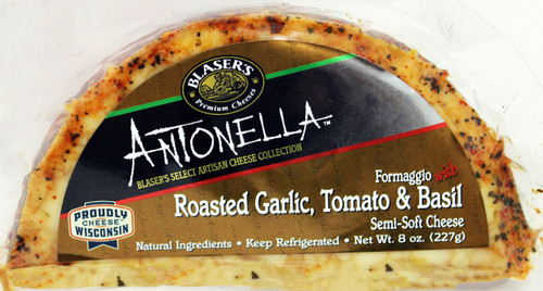 7715 8oz Antonella Roasted Garlic with Tomato and Basil Cheese, Antonella hand-crafted cheeses from Wisconsin. The Antonella line is a selection of pressed curd, semi-soft cheeses made with cow’s milk. Natural ingredients are used to create innovative flavor profiles. Each cheese is infused with a natural ingredient, aged and then hand rolled in a spice, lending both a sophisticated taste and beautiful appearance. These small batch cheeses have a creamy texture and, depending on age, range from a mild to a slightly sharp profile. Contains no animal rennet (vegetarian), www.weshipcheese.com, www.weshipcheese.net, www.weshipwisconsincheese.com