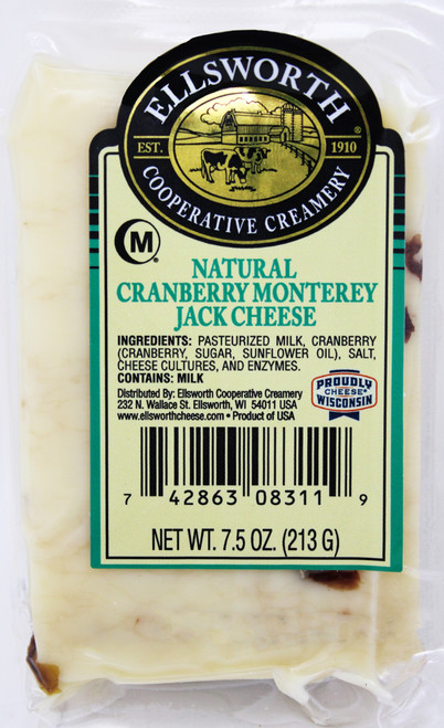 7727 7.5oz Ellsworth Monterey Jack Cranberry Cheese, Ellsworth Cooperative Creamery’s Premium Block Cheese from Wisconsin, features innovative and high quality, flavored natural cheese products. This value-added line-up consists of natural cheese with award winning flavor profiles including many seasonal favorites. We combine the highest quality ingredients with over 60 years of cheese making experience to produce a variety of unique flavors. Attractive packaging offers an appealing selection for all of your cheese customers, www.weshipcheese.com, www.weshipcheese.net, www.weshipwisconsincheese.com