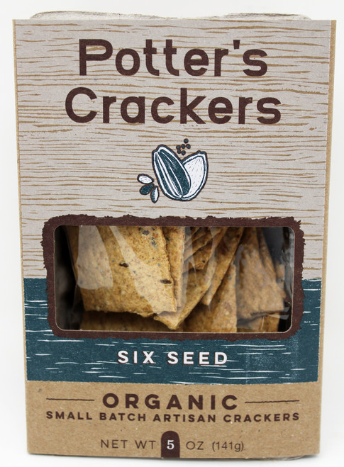 POTT7608 Potter's Crackers Six Seed Organic Original Cracker 5oz, Our Six Seed cracker combines traditional seeds with brown and golden flax grown right here in Wisconsin.  The reason this crispy cracker is so popular is because it pairs nicely with almost everything.  Go for the Six Seed when you need a real crowd pleaser! Small Batch Artisan Cracker, Made in Madison, WI