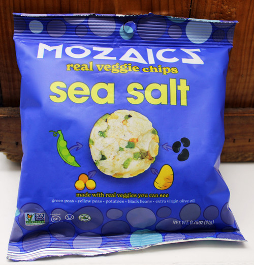 VG242B .75oz Mozaics Sea Salt Veggie Chips, made with green peas, yellow peas, potatoes, black beans, extra virgin olive oil, gluten free, Kosher, non GMO