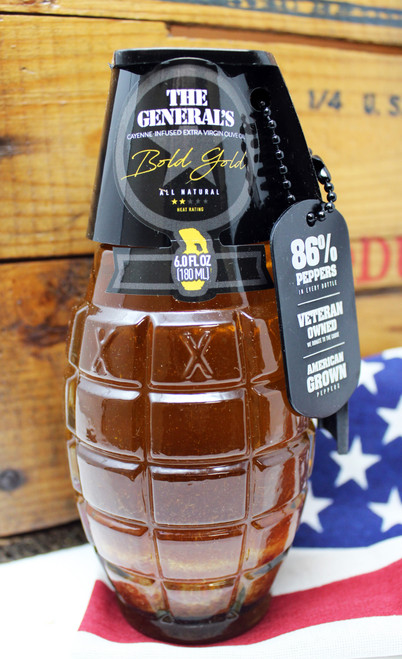 GHS7 6oz Bold Gold Cayenne Infused Extra Virgin Olive Oil, The General's Hot Sauce, Heat Rating 2 stars, 86% Peppers in every bottle, Veteran Owned, American Grown Peppers, packed in glass jar in the shape of a grenade.
