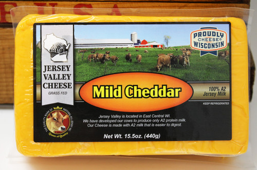 Mild Cheddar Jersey Valley Cheese 15.5oz, Made with milk from Jersey Cows that have been developed to produce only A2 protein Milk.  This cheese is made with only A2 milk that is easier to digest.  Grass Fed cows make the milk that makes this cheese, Proudly Made in Wisconsin.
