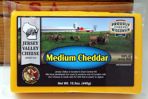 Medium Cheddar Jersey Valley Cheese 15.5oz, Made with milk from Jersey Cows that have been developed to produce only A2 protein Milk.  This cheese is made with only A2 milk that is easier to digest.  Grass Fed cows make the milk that makes this cheese, Proudly Made in Wisconsin.