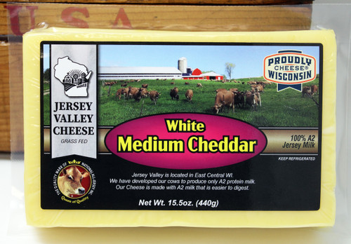 White Medium Cheddar Jersey Valley Cheese 15.5oz, Made with milk from Jersey Cows that have been developed to produce only A2 protein Milk.  This cheese is made with only A2 milk that is easier to digest.  Grass Fed cows make the milk that makes this cheese, Proudly Made in Wisconsin.