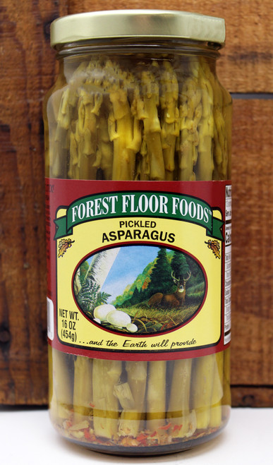 BV427 16oz Pickled Asparagus Forest Floor Foods, pickled vegetables, cocktail garnish, Made in Wisconsin, Young, tender asparagus spears are packed at the peak of freshness in a special (family recipe) brine. These spears make a delicious, natural swizzle stick for a Bloody Mary. Enjoy them anytime as a snack, garnish or an addition to a relish tray/party platter. An all-time favorite.