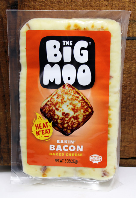 BC102 8oz Bakin' Bacon Baked Cheese The Big Moo (TM), baked cheese loaded with real Jones Farm bacon crumbles, grilling cheese is made from fresh cream line Wisconsin milk real bacon and salt, No fake bacon flavoring, Pan Seared or tossed on the grill, THE BIG MOO cooks up crispy on the outside, warm and soft on the inside, Made in Wisconsin, Keto Friendly, rBST Hormone Free, Milk from Local Farms.