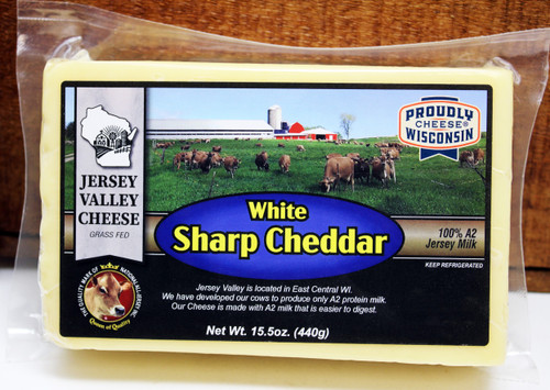 White Sharp Cheddar Jersey Valley Cheese 15.5oz, Made with milk from Jersey Cows that have been developed to produce only A2 protein Milk.  This cheese is made with only A2 milk that is easier to digest.  Grass Fed cows make the milk that makes this cheese, Proudly Made in Wisconsin.