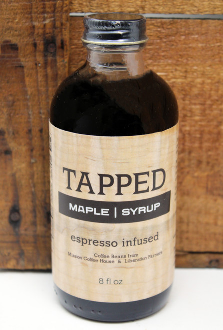 TMS 8oz Espresso Infused Maple Syrup, Dark coffee pairs perfectly with maple in espresso-infused maple syrup. Blended with Liberation Farm and Mission Coffee to reach the perfect flavor in this maple syrup. Try it on vanilla ice cream for the best coffee flavored ice cream you’ve ever had!