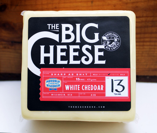 TBC 15oz 13 year Old Wicked White Aged Cheddar SQ, 13 is a lucky number when it comes to aged cheese, perfectly aged from Wisconsin White Cheddar, a hint of salt, a bit of crunch with a mouth watering finish.