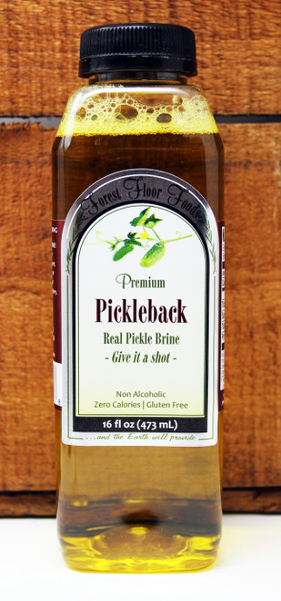FF 16oz Premium Pickleback Brine Forest Floor Foods, real pickle brine, non alcoholic, zero calories, gluten free, use as a shot chaser or innovative cocktail ingredient.  Add a dash to beer or to enhance a Bloody Mary.