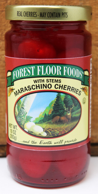 FF 10oz Maraschino Cherries with Stems Forest Floor Foods, real cherries, Large, hand-selected cherries bathed in a brilliant red syrup, Sweet, juicy and decadent, these royal red cherries with stems are colorful garnishes for all kinds of drinks as well as ice cream treats and desserts