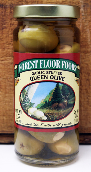 FF 12/8oz Garlic Stuffed Olives Forest Floor Foods, A fresh garlic clove shares the spotlight with our queen olive for a tantalizing taste combination, Powerful but not over powering