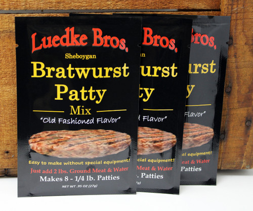 Sheyboygan Bratwurst Patty Mix .95oz each 3 pack, Makes 8-1/4pound patties each package, this mix is based on the original Luedke Bros. Meat Market bratwurst recipe.  Opened in 1914 and operating for 82 years, the brothers Herman & Max Luedke, along with other sausage makers, helped to make Sheboygan, WI the Bratwurst Capital of the World.  3 simple steps, to make the brat patties.  Crumble 2 pounds of Ground Meat in a pan and freeze for 30 minutes, add mix, drizzle 1/4 cups of cold water over the mixture and form into patties.  Grill and enjoy.