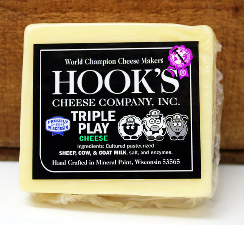 2038 Hooks Triple Play, Sheep, Cow and Goat Milk Cheese 8oz, milky, tangy, and a bit sweet, this triple milk (cow, goat, and sheep) cheese has three starters (Gouda, Baby Swiss, and Havarti). It is a great all-around cheese that is a crowd pleaser, Made in Wisconsin, World Champion Cheese Makers.