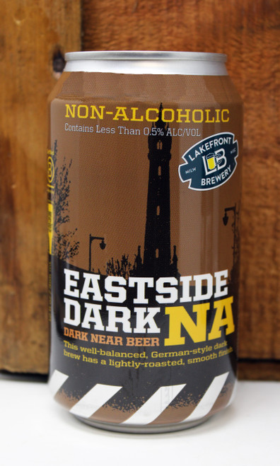 NA Lakefront Brewery Eastside Dark Near Beer, Non-Alcoholic Beer, well balanced, German-Style Dark Brew with a lightly-roasted, smooth finish, Made in Waunakee, WI, Contains Less Than 0.5% ALC/VOL