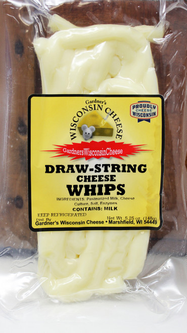 Gardners Cheese 5.25oz Draw-String Cheese Whips
The soft and mild mozzarella string cheese flavor you know and love, in a fun and delicious thin whip shape! These are the perfect portable snack for all ages, and have just the right amount of satisfying saltiness. As a Wisconsin staple, these are a fantastic party appetizer and bring variety to Charcuterie boards, Keto Friendly, Gluten Free, Pairing Recommendations: Bloody Mary, Lager, pilsner, Made in Wisconsin