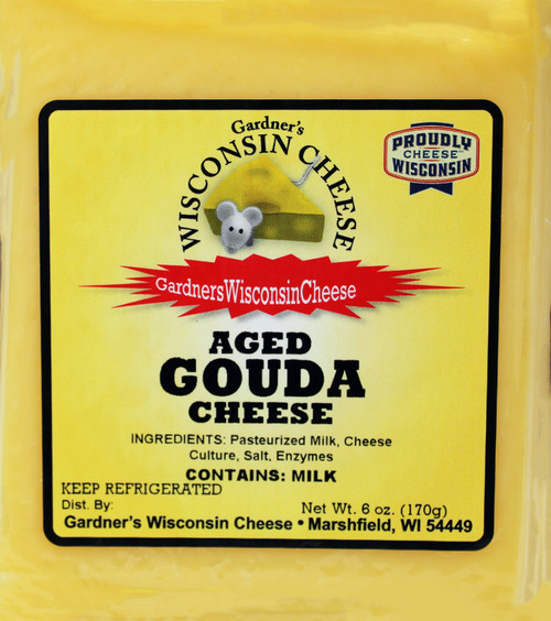 Gardener's Cheese 6oz Aged Gouda Cheese,
Nutty and slightly sweet, Aged Gouda is a soft, versatile, and mild flavored cheese that melts exceptionally well. Try it shredded atop mac and cheese, pizzas, or even fresh salads, Pairing Recommendations; Sauvignon blanc, IPA, Lager, Port wine, Made in Wisconsin, Gluten Free, Keto Friendly