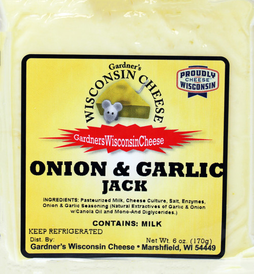 Gardener's Cheese 6oz Onion & Garlic Jack Cheese,Fresh onion and garlic are swirled into a Monterey base, perfect for burgers, shredded/melted over your mashed potatoes, and many other dishes, absolute favorite cheeses to cook with, Drink Pairing Recommendations, Sauvignon blanc, IPA, Lager, gluten free, keto friendly, made in Wisconsin