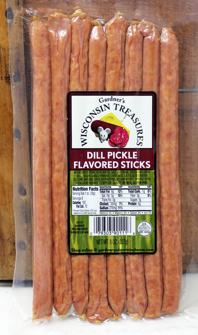 Gardner's Cheese 8oz Dill Pickle Meat Snacks, new Dill Pickle Meat Sticks are a savory delight and a pickle lover's dream! They're a perfect grab-and-go, low carb snack and can you imagine a more perfect addition to a Bloody Mary, they do not require refrigeration, pair well with Ellsworth Dill Pickl Cheese Curds, Made in Wisconsin