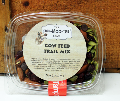 CMSCF 5oz Cow Feed Trail Mix The Char-MOO-Terie (TM) Shop, dried cranberries, roasted almonds, chocolate drops, pepitas, blueberries make up this delicious trail mix