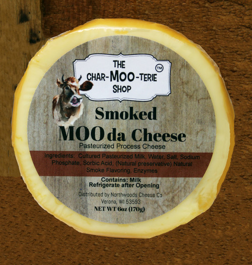 1151 6oz Naturally Smoked MOO-da Cheese from The Char-MOO-terie Shop ® , Northwoods Cheese Wisconsin Naturally Smoked Gouda Cheese Round Shelf Stable Cheese. Gluten Free Non-GMO, Made in Wisconsin