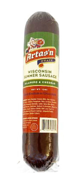 ART03 12oz Jalapeno and Cheddar All Beef Summer, handcrafted in Wisconsin, Lean, coarsely ground beef summer sausage enhanced with Wisconsin cheddar cheese and jalapeño peppers, Slowly smoked over hardwood for over 20 hours for a perfect blend of smokey, spicy, and cheesy flavors. Perfect for slicing onto charcuterie boards or sandwiches, Fully cooked and ready to enjoy, shelf stable-no refrigeration needed
