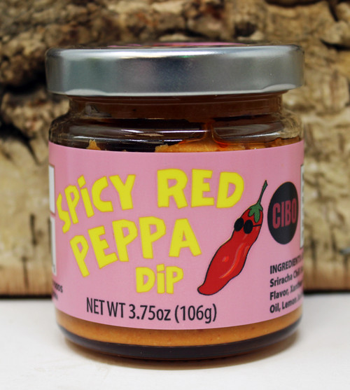 SBF003 Spicy Red Peppa Dip 3.75oz, Level up your next party, charcuterie board, or sandwich with CIBO's Spicy Red Pepper Dip. Perfectly crafted with a blend of chickpeas, tahini, and red peppers - this dip provides just a hint of kick designed to spice up your eating experience., Gift Basket Supplies, Made in Wisconsin, Contains Sesame