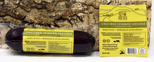 4883 Uncured Summer Sausage 6oz Driftless Provisions, Shelf Stable, No refrigeration needed, Made with grass-fed Beef and Humanely Raised Pork, Made is Wisconsin, No added nitrates or nitrites.