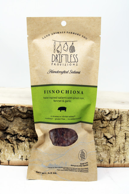 1219 4.5oz Finnochiona Sausage Driftless Provisions, A fennel flavored salami with its roots in Tuscany, Italy, Made with humanely-raised, heritage pork, Pino Noir red wine, fennel, & garlic, Made in Wisconsin, No added nitrates, Gluten Free, shelf stable-no refrigeration needed