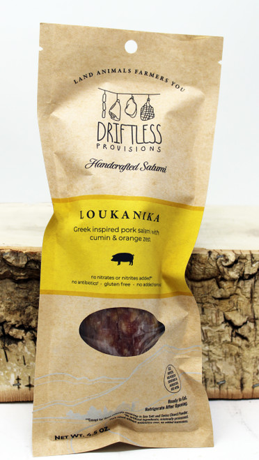 3413 4.5oz Loukanika Sausage Driftless Provisions, A Greek inspired salami made with humanely-raised, heritage pork, garlic, cumin, & orange, Made in Wisconsin, No added nitrates, Gluten Free, gift basket supplies, shelf stable-no refrigeration needed