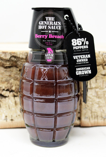 GHS16 Berry Breach The General's Hot Sauce HEAT RATING 3.5 OUT OF 5, A bold blend of blueberries, habanero peppers, & honey, this medium / hot sauce brings a unique twist to pork, poultry, cheese boards, and even brunch, All natural, Gluten Free, Vegan, Veteran Owned, 86% Peppers, Made in the USA, Hot Sauce in Glass Hand Grenade