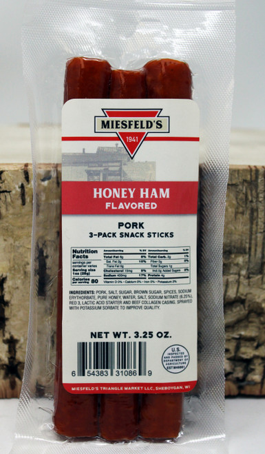 M31086 3pack Honey Ham Snack Sticks by Miesfeld's 3.25oz,made with Pork in Sheboygan, Wisconsin since 1941, a perfect addition to any gift basket or charcuterie board, Shelf stable, no refrigeration needed, Perfect for hunting, camping, fishing, hiking or the great outdoors