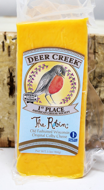 7125 Deer Creek Robin Old Fashioned Colby Cheese 5.3oz, Crafted as a classic bandage-wrapped and waxed midget wheel, The Robin has a firm, yet open and curdy body combined with a fresh buttery taste and a pleasantly salty finish, 1st Place award from the American Cheese Society