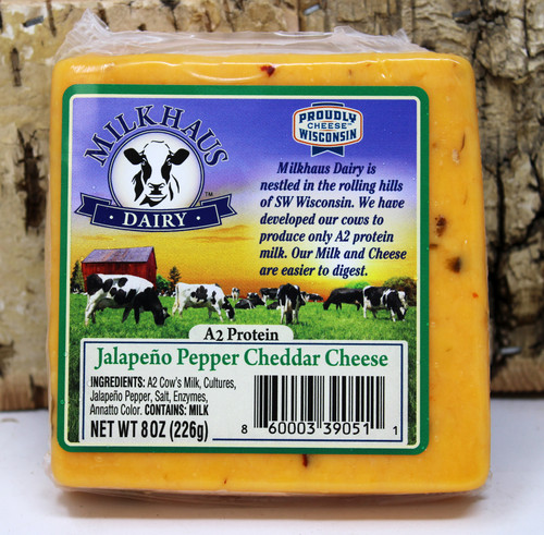 109 Milkhaus A2 Protein Jalapeno Pepper Cheese 8oz, smooth cheddar has a great taste with a little bite but not overwhelming, made with the A2 protein from our special group of dairy cows that only produce the A2 protein allowing most people with digestive issues to enjoy this unique dairy product, If you think you are lactose intolerant you might be surprised with our A2 products, Crafted in Wisconsin