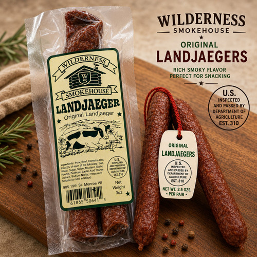 2889 Zuber Original Landjager Pair, Landjaeger’s are a classic Bavarian-style sausage—an old-school favorite with a bold, tangy flavor and a satisfyingly chewy bite, carefully crafted using a traditional mix of beef and pork, fermented, smoked, and dried for peak flavor, The process starts by grinding and mixing the meat, then adding our specifically chosen starter culture. This kick-starts the fermentation and gives our Landjaeger its signature tang. While it ferments, we slowly smoke it for 12 hours, layering on the rich, smoky aroma that makes our sausage stand out.  Landjaeger is shelf-stable, kind of like salami, so it’s totally fine to keep at room temperature. In fact, the flavor and texture get better as it dries. We suggest hanging them in pairs somewhere dry and with good air flow—your kitchen or pantry works great. We have hanging cases available for sale but a clothes hanger has been known to do the job in a pinch.  Everyone’s got a favorite stage of dryness, crafted in Wisconsin