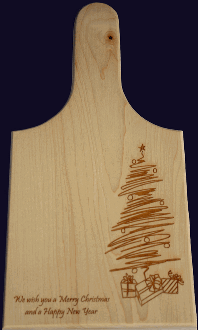 50065 Rustic Wraps Merry Christmas Engraved Cutting Board, All American Hardwoods, 7x14"  Engraved with attractive hand drawn Christmas Tree with Presents and saying, Made and engraved by Persons with Disabilities