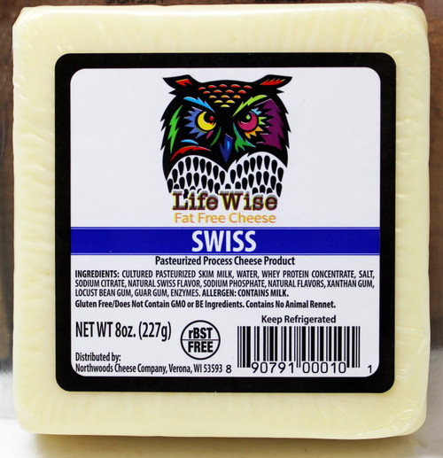 LifeWise Fat Free Swiss Cheese. RBST free. No Animal Rennet. Gluten Free. New Easy Peel Packaging Made in Wisconsin