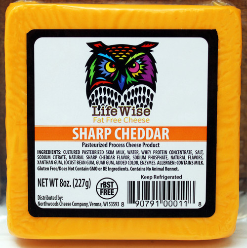 1204 LifeWise Fat Free Sharp Cheddar Cheese 8oz RBST free, No Animal Rennet. Gluten Free, Easy Peel Packaging, Made in Wisconsin