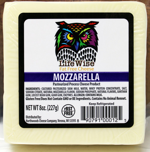 1208 LifeWise Fat Free Mozzarella Cheese 8oz, Made in Wisconsin RBST free. No Animal Rennet. Gluten Free. Eazy Open Peel Packaging